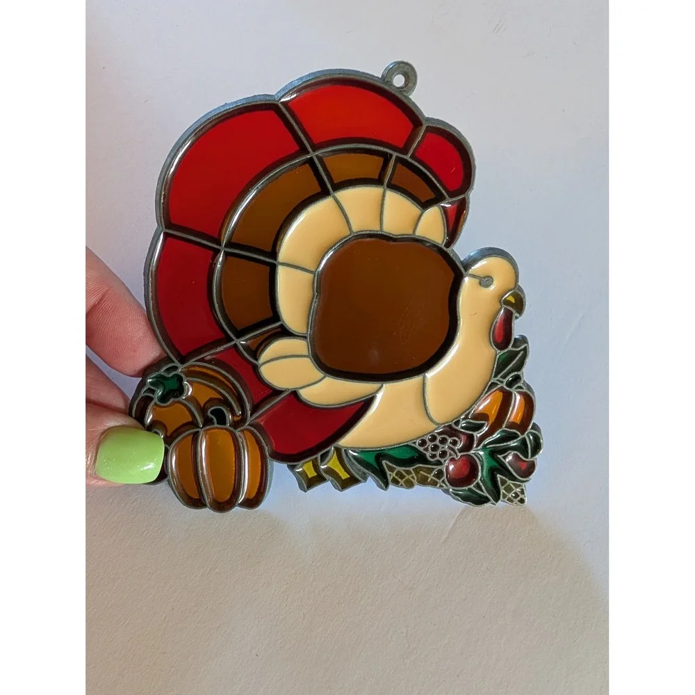 Vintage Turkey Pumpkin Faux Stained Glass Suncatcher Fall Decor Red Brown Cream